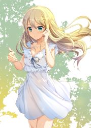 Rule 34 | 10s, 1girl, alternate eye color, alternate hairstyle, aqua eyes, blonde hair, blush, breasts, cleavage, closed mouth, collarbone, commentary request, cowboy shot, darjeeling (girls und panzer), dress, floating hair, frilled dress, frills, girls und panzer, green eyes, hair between eyes, hair down, hand in own hair, hands up, highres, icomochi, light smile, long hair, looking at viewer, medium breasts, short dress, sleeveless, sleeveless dress, smile, solo, thighs, tsurime, wavy hair, white dress, wind, wind lift