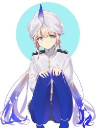 Rule 34 | 1boy, black shorts, blonde hair, blue hair, buttons, captain nemo (fate), chip le cree, expressionless, fate/grand order, fate (series), gradient hair, green eyes, highres, jacket, long hair, long sleeves, looking at viewer, male focus, military, military uniform, multicolored hair, nemo (fate), pantyhose, shorts, simple background, sitting, solo, turban, twintails, uniform, very long hair, white jacket