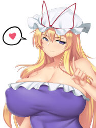 Rule 34 | smile, bare shoulders, blonde hair, blue eyes, breasts, cleavage, closed mouth, covered erect nipples, dress, frilled dress, frills, hair between eyes, hand up, hat, heart, huge breasts, index finger raised, long hair, looking at viewer, mob cap, mokkori9, purple dress, sleeveless, sleeveless dress, smile, spoken heart, straight hair, touhou, upper body, white background, yakumo yukari