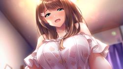 Rule 34 | 1girl, amakusa hisagi, azarashi soft, baffu, bare shoulders, blue eyes, blurry, blurry background, blush, breasts, brown hair, crying, crying with eyes open, female focus, frills, from below, game cg, hair over shoulder, indoors, large breasts, light blush, long hair, looking at viewer, off shoulder, open mouth, raised eyebrows, sad, solo, tears, tomodachi kara koibito e, upper body