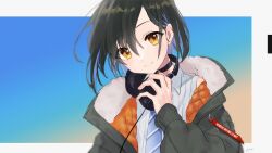 Rule 34 | 1girl, black hair, choker, collared shirt, fur-trimmed collar, fur trim, hair behind ear, hand on headphones, headphones, headphones around neck, highres, indie virtual youtuber, jacket, long sleeves, looking at viewer, naname (7name), necktie, quilted clothes, shirt, short hair, smile, solo, striped necktie, tsuzuru takamori, upper body, virtual youtuber, yellow eyes