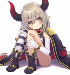 Rule 34 | 1girl, asymmetrical legwear, bad id, bad pixiv id, bandaid, bandaid on knee, bandaid on leg, black one-piece swimsuit, blush, boots, bracelet, curled horns, demon girl, demon horns, elbow gloves, emma august, epaulettes, full body, gloves, gold trim, grey hair, hair between eyes, highres, horns, jacket, jacket on shoulders, jewelry, long hair, looking at viewer, name tag, nijisanji, old school swimsuit, one-piece swimsuit, pointy ears, school swimsuit, simple background, single thighhigh, sitting, smile, solo, suketoudara (artist), swimsuit, thighhighs, uneven legwear, virtual youtuber, white background, white gloves, yellow eyes
