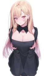 Rule 34 | 1girl, absurdres, blonde hair, blush, breasts, cleavage, colored tips, cosplay, earrings, gothic lolita, highres, jewelry, kitagawa marin, kuroe shizuku, kuroe shizuku (cosplay), large breasts, lolita fashion, long hair, multicolored hair, p00nipooni, red eyes, red hair, simple background, solo, sono bisque doll wa koi wo suru, sweat, white background