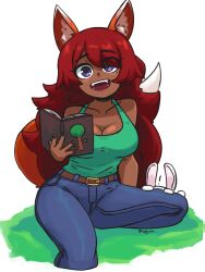 Rule 34 | !, 1girl, :d, absurdres, animal ears, belt, belt buckle, blue jeans, book, breasts, buckle, cleavage, collarbone, dark-skinned female, dark skin, doce, eyes visible through hair, fangs, female focus, fox ears, fox girl, fox tail, green shirt, highres, holding, holding book, large breasts, long hair, looking at viewer, open mouth, outdoors, purple eyes, rabbit, red hair, shirt, smile, solo, tail, tank top, teeth, terraria, tree, white background, zoologist (terraria)