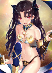 Rule 34 | 1girl, :d, anklet, arm support, armlet, asymmetrical legwear, asymmetrical sleeves, bare arms, bare legs, bare shoulders, black detached sleeves, black hair, black panties, black ribbon, blue thighhighs, blush, breasts, cleavage, collar, collarbone, crown, detached sleeves, earrings, fate/grand order, fate (series), female focus, hair ribbon, hakuishi aoi, hoop earrings, ishtar (fate), jewelry, knee up, legs, long hair, looking at viewer, midriff, navel, open mouth, panties, red eyes, revealing clothes, ribbon, shiny skin, single sleeve, single thighhigh, sitting, small breasts, smile, solo, sparkle, strapless, thighhighs, thighlet, tohsaka rin, two side up, type-moon, underwear, uneven legwear, uneven sleeves