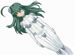 Rule 34 | 1girl, ahoge, arms at sides, bodysuit, cropped legs, eyepatch, floating hair, green hair, hair ornament, official art, otomedius, otomedius excellent, simple background, solo, tita nium, white background, yellow eyes, yoshizaki mine
