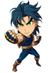 Rule 34 | 1boy, backpack, bad id, bad twitter id, bag, bare shoulders, belt, blue gloves, blue shirt, boots, brown footwear, chibi, clenched hands, closed mouth, commentary request, fighting stance, fingerless gloves, full body, gloves, green eyes, jojo no kimyou na bouken, jonathan joestar, kotatsu (g-rough), legs apart, looking at viewer, male focus, phantom blood, shirt, simple background, solo, standing, white background