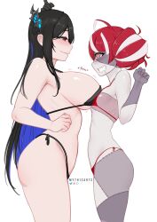 Rule 34 | 2girls, absurdres, ahoge, ass, asymmetrical docking, bare shoulders, bikini, black bikini, black hair, blue hair, blush, breast press, breasts, clenched hands, drooling, flat chest, grin, heart, heart-shaped pupils, highres, hololive, hololive english, hololive indonesia, horns, kureiji ollie, large breasts, looking at viewer, micro bikini, multicolored hair, multiple girls, myth1carts, nerissa ravencroft, pink hair, red bikini, red eyes, red hair, simple background, smile, swimsuit, symbol-shaped pupils, two-tone hair, virtual youtuber, white background, yuri, zombie