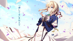 Rule 34 | 1girl, ascot, blonde hair, blue eyes, blue jacket, blue sky, blush, braid, breasts, brooch, cloud, cloudy sky, commentary request, day, dress, envelope, gogatsu fukuin, hair between eyes, hair bun, hair intakes, hair ribbon, highres, jacket, jewelry, juliet sleeves, long sleeves, looking away, outdoors, parted lips, petals, puffy sleeves, red ribbon, ribbon, sidelocks, single hair bun, sky, small breasts, solo, translation request, violet evergarden, violet evergarden (series), white ascot, white dress