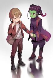 Rule 34 | 1boy, 1girl, aged down, bag, baggy pants, black footwear, blush, boots, braid, braided bun, brown pants, child, closed eyes, closed mouth, collared jacket, colored skin, full body, gamora, gradient hair, green skin, grey bag, guardians of the galaxy, hair bun, hand up, headphones, headphones around neck, holding, holding hands, jacket, light brown hair, long sleeves, looking at another, marvel, marvel cinematic universe, ming (5unri5e666), multicolored hair, open clothes, open jacket, pants, peter quill, pink hair, purple eyes, purple footwear, purple hair, purple pants, purple shirt, red jacket, reflection, shirt, short hair, sidelocks, simple background, smile, standing, sweatdrop, t-shirt, teeth, twin braids, v-shaped eyebrows, white background, white shirt, wide sleeves