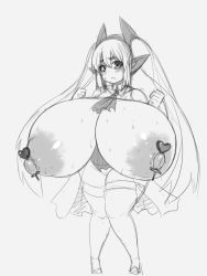 Rule 34 | 1girl, absurdres, bare shoulders, blush, breasts, female focus, full body, gigantic breasts, highres, large areolae, long hair, looking at viewer, monochrome, nipple piercing, nipples, original, piercing, plump, pointy ears, sanagimaru7974, solo, standing, tears, tensai427, thick thighs, thighhighs, thighs, twintails, white background, wide hips