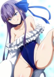 Rule 34 | 1girl, alternate breast size, blue background, blue choker, blue eyes, blue one-piece swimsuit, blue ribbon, breasts, choker, collarbone, fate/grand order, fate (series), frills, gradient background, hair between eyes, hair ribbon, hara (harayutaka), highleg, highleg swimsuit, highres, leg up, licking lips, long hair, looking at viewer, medium breasts, meltryllis, meltryllis (fate), meltryllis (swimsuit lancer) (fate), meltryllis (swimsuit lancer) (second ascension) (fate), naughty face, one-piece swimsuit, purple hair, ribbon, shiny skin, solo, spread legs, swimsuit, thighs, tongue, tongue out, very long hair, white background, white legwear