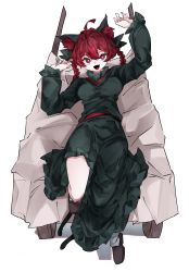 Rule 34 | 1girl, :d, ahoge, animal ears, arms up, black bow, black footwear, bow, braid, cat ears, dress, fang, hair between eyes, highres, kaenbyou rin, looking at viewer, multiple tails, nekomata, open mouth, reclining, red eyes, red hair, simple background, skin fang, smile, solo, tail, touhou, two tails, vivo (vivo sun 0222), wheelbarrow, white background