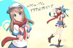 Rule 34 | 10s, 1girl, :d, ankle boots, ayase alisa, baseball cap, beige background, blonde hair, blue eyes, blue skirt, boots, brown footwear, creatures (company), crossover, denim, denim shorts, game freak, gen 4 pokemon, glaceon, hat, head tilt, highres, kakutasu, long hair, looking at viewer, love live!, love live! school idol project, nintendo, on shoulder, open mouth, pleated skirt, poke ball, pokemon, pokemon (creature), shirt, short sleeves, shorts, simple background, skirt, smile, waving, white shirt, wrist cuffs, yellow background