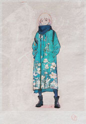 Rule 34 | 1girl, black footwear, blue coat, blue leggings, blue scarf, bob cut, boots, closed mouth, coat, commentary, faux photograph, floral print, flower, full body, hands in pockets, leggings, looking at viewer, original, pansy, pansy print, perfectsunday, raincoat, rubber boots, scarf, short hair, smile, smirk, solo, standing, traditional media, white hair, white pansy