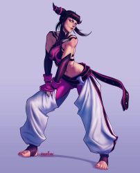 Rule 34 | 1girl, baggy pants, bare shoulders, black hair, bracelet, breasts, chaps, chinese clothes, drill hair, dudou, fingerless gloves, gloves, halterneck, han juri, hands on own thighs, highres, jewelry, lips, medium breasts, nail polish, nose, pants, pantyhose, pink eyes, pink pantyhose, solo, spiked bracelet, spikes, standing, stirrup legwear, street fighter, street fighter iv (series), toeless legwear, twin drills, valentina tavolilla