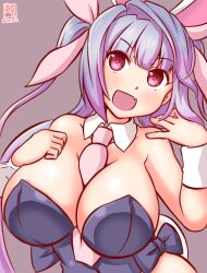 Rule 34 | 1girl, alternate costume, animal ears, artist logo, between breasts, black leotard, blue hair, breasts, covered navel, detached collar, fake animal ears, flower-shaped pupils, gradient background, grey background, hair ribbon, highleg, highleg leotard, huge breasts, i-19 (kancolle), kanon (kurogane knights), kantai collection, large breasts, leotard, necktie, necktie between breasts, one-hour drawing challenge, open mouth, playboy bunny, rabbit ears, rabbit tail, red eyes, ribbon, strapless, strapless leotard, symbol-shaped pupils, tail, tri tails, twintails, wrist cuffs
