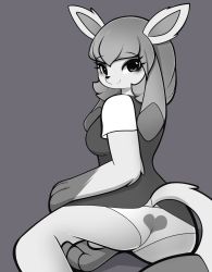 Rule 34 | 1girl, animal ears, animal hands, ass, blush, breasts, creatures (company), dress, feet, female focus, from behind, furry, furry female, game freak, gen 4 pokemon, glaceon, grey background, greyscale, hand up, highres, looking at viewer, looking back, medium breasts, monochrome, nintendo, panties, personification, pinkcappachino, pokemon, pokemon (creature), pokemon dppt, school uniform, shirt, short dress, short hair, short sleeves, simple background, sitting, smile, solo, tail, underwear