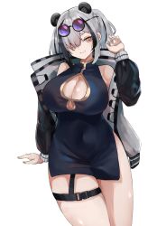 Rule 34 | 1girl, animal ears, arknights, arm support, asymmetrical hair, black-framed eyewear, black dress, black hair, black jacket, blush, breasts, china dress, chinese clothes, chinese commentary, cleavage, cleavage cutout, closed mouth, clothing cutout, covered navel, cowboy shot, curvy, dress, eyewear on head, fang, feater (arknights), hair between eyes, hair over one eye, highres, jacket, large breasts, looking at viewer, medium hair, multicolored clothes, multicolored hair, multicolored jacket, nail polish, open clothes, open jacket, orange eyes, orange nails, panda ears, purple-tinted eyewear, round eyewear, short dress, side slit, silver hair, simple background, skin fang, skindentation, sleeveless, sleeveless dress, smile, solo, streaked hair, thigh strap, thighs, tinted eyewear, twintails, two-tone hair, two-tone jacket, unknownnoname0, white background, white jacket