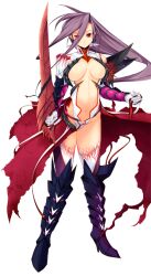 1girl armor armored_boots boots breasts breasts_apart cape closed_mouth dark_knight_(ragnarok_online) eyes_visible_through_hair full_body gauntlets hair_between_eyes holding holding_sword holding_weapon kirishima_satoshi large_breasts large_variant_set long_bangs long_hair looking_at_viewer navel official_art pauldrons pink_armor purple_armor purple_hair ragnarok:_guild_masters ragnarok_online red_cape red_eyes shoulder_armor simple_background smile solo standing sword transparent_background variant_set waist_cape weapon