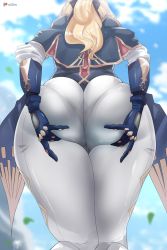 Rule 34 | 1girl, ass, ass focus, ass grab, back, blonde hair, curvy, deep skin, from behind, from below, genshin impact, gloves, hand on own ass, highres, huge ass, jean (genshin impact), long hair, o22no, pants, pantylines, ponytail, shiny clothes, solo, tailcoat, thick thighs, thighs, tight clothes, tight pants, wide hips