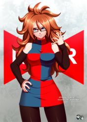 Rule 34 | 1girl, android 21, arm warmers, black-framed eyewear, blue eyes, breasts, brown hair, deviantart username, dragon ball, dragon ball fighterz, dress, earrings, female focus, glasses, grin, hand on own hip, jadenkaiba, jewelry, long hair, looking at viewer, multicolored clothes, multicolored dress, nail polish, pantyhose, red hair, red ribbon army, ring, smile, solo, watermark, web address