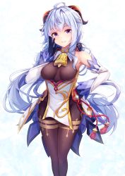 Rule 34 | 1girl, :d, ahoge, armpits, bell, black pantyhose, blue hair, blush, bow, breasts, cowbell, cucchiore, ganyu (genshin impact), genshin impact, hair bow, half-closed eyes, hand on own hip, highres, horns, long hair, long sleeves, medium breasts, neck bell, open mouth, paid reward available, pantyhose, pelvic curtain, purple eyes, smile, solo, standing, thighs, white background
