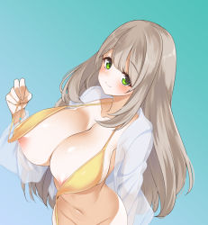 Rule 34 | 1girl, areola slip, bikini, blue archive, bottomless, breasts, front-tie bikini top, front-tie top, gokubuto mayuge, gradient background, green eyes, highres, jacket, large breasts, light brown hair, looking at viewer, navel, nonomi (blue archive), nonomi (swimsuit) (blue archive), official alternate costume, out-of-frame censoring, see-through, see-through jacket, solo, swept bangs, swimsuit, untied bikini, yellow bikini