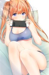Rule 34 | 1girl, black ribbon, blue eyes, blue panties, blunt bangs, blush, breasts, cleavage, closed mouth, crop top, frown, hair ribbon, handheld game console, holding, holding handheld game console, long hair, looking at viewer, lying, medium breasts, midriff, on back, orange hair, original, panties, ribbon, simple background, skindentation, solo, sports bra, thighs, twintails, twitter username, underwear, white background, yu yu