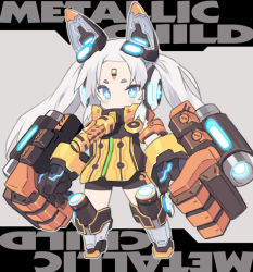 Rule 34 | 1girl, black gloves, black leotard, blade (galaxist), blue eyes, blush, chibi, commentary request, facial mark, forehead mark, full body, gloves, glowing, grey footwear, headgear, kneebar, leotard, long hair, looking at viewer, mecha musume, metallic child, rona (metallic child), short eyebrows, solo, standing, thick eyebrows, twintails, very long hair, white hair
