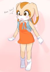 Rule 34 | 1girl, absurdres, blush, brown eyes, child, claws, cream the rabbit, disembodied limb, dress, english text, flat chest, full body, furry, gloves, held up, highres, mitchan, navel, open mouth, pink background, rabbit ears, rabbit tail, short dress, socks, sonic (series), sonic the hedgehog