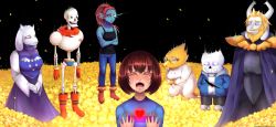 Rule 34 | 3boys, 3girls, alphys, androgynous, animal ears, armor, asgore dreemurr, beard, blonde hair, blood, blue skin, bone, brown hair, closed eyes, colored sclera, colored skin, crown, crying, death, disintegration, facial hair, field, fins, flower, flower bed, flower field, frisk (undertale), furry, glasses, goat ears, head fins, heart, horns, injury, ivorare, lab coat, multiple boys, multiple girls, open mouth, papyrus (undertale), petals, red hair, red scarf, robe, sans (undertale), scarf, shirt, short hair, skeleton, skull, smile, spoilers, striped clothes, striped shirt, tank top, tears, teeth, toriel, undertale, undyne, yellow sclera