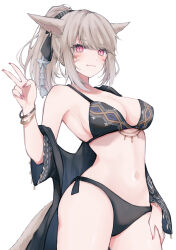 Rule 34 | 1girl, absurdres, animal ears, bikini, black bikini, blush, bracelet, breasts, brown hair, cat ears, cat girl, cat tail, cleavage, closed mouth, commentary, cowboy shot, facial mark, final fantasy, final fantasy xiv, hand on own thigh, high ponytail, highres, jewelry, large breasts, long hair, looking at viewer, miqo&#039;te, navel, pink nails, sana (sanamaru 0w0), side-tie bikini bottom, sideboob, sidelocks, simple background, smile, solo, swimsuit, swimsuit cover-up, tail, v, warrior of light (ff14), whisker markings, white background