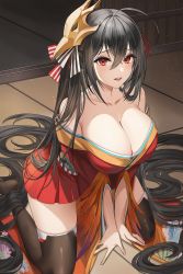 Rule 34 | 1girl, absurdres, ahoge, azur lane, bare shoulders, black hair, black thighhighs, breasts, cleavage, collarbone, feather-trimmed sleeves, foot out of frame, hair between eyes, hair ornament, hair ribbon, highres, japanese clothes, kimono, kneeling, large breasts, lillly, long hair, mask, mask on head, no shoes, obi, on floor, open mouth, red eyes, red kimono, red ribbon, revision, ribbon, sash, short kimono, solo, taihou (azur lane), teeth, tengu mask, thighhighs, upper teeth only, very long hair, zettai ryouiki