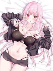 Rule 34 | 1girl, black nails, blush, breasts, cardigan, highres, hololive, hololive english, jewelry, kamiya maneki, large breasts, long hair, looking at viewer, mori calliope, navel, necklace, open cardigan, open clothes, open mouth, pink hair, red eyes, skull necklace, solo, tank top, torn clothes, torn tank top, virtual youtuber