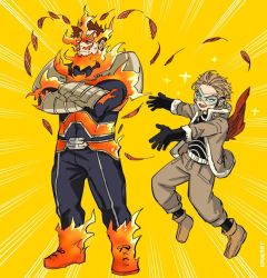Rule 34 | 2boys, arm guards, beard, belt, blonde hair, bodysuit, bodysuit under clothes, boku no hero academia, boots, burn scar, costume, crossed arms, emphasis lines, endeavor (boku no hero academia), eye mask, facial hair, facial mark, facial scar, feathered wings, feathers, fingerless gloves, fire, full body, fur-trimmed jacket, fur trim, gloves, goatee, grin, hawks (boku no hero academia), headphones, jacket, kadeart, legs apart, long bangs, looking at viewer, male focus, mature male, multiple boys, muscular, muscular male, mustache, pyrokinesis, red feathers, red hair, red wings, rimless eyewear, scar, scar across eye, scar on cheek, scar on face, scar on mouth, serious, short hair, sideburns, skin tight, smile, spiked hair, stubble, superhero costume, sweatdrop, thighs, tinted eyewear, twitter username, vambraces, wings, yellow background