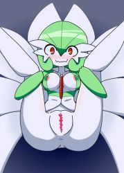 Rule 34 | 1girl, anus, areola slip, blue background, blush, breasts, censored, closed mouth, collarbone, colored skin, covered erect nipples, creatures (company), female focus, game freak, gardevoir, gen 3 pokemon, green hair, green skin, hair between eyes, heart, heart censor, legs up, looking at viewer, lying, medium breasts, multicolored skin, neichii, nintendo, nose blush, on back, pokemon, pokemon (creature), presenting, pussy, red eyes, short hair, simple background, smile, solo, spread legs, two-tone skin, wavy mouth, white skin
