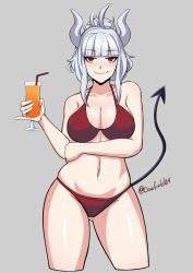 Rule 34 | 1girl, ahoge, bikini, blush, breasts, cawfield, cleavage, commentary, cropped legs, demon, demon girl, demon tail, drinking straw, english commentary, grey background, helltaker, horns, large breasts, looking at viewer, lucifer (helltaker), mole, mole under eye, pinky out, red eyes, signature, simple background, smile, swimsuit, tail, white hair, white horns