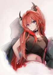 Rule 34 | 1girl, absurdres, arknights, black choker, black shirt, choker, commentary, crop top, grey background, highres, horns, long hair, looking at viewer, midriff, navel, official alternate costume, ponytail, purple eyes, red hair, shirt, solo, stomach, surtr (arknights), surtr (liberte echec) (arknights), very long hair, xinxin