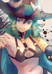 Rule 34 | 1girl, breasts, cloak, fake horns, fingernails, green cloak, green eyes, green hair, hat, highres, horned hat, horned headwear, horns, long fingernails, miyama (lacrima01), navel, o-ring strap, red nails, small breasts, solo, unicorn overlord, witch hat, yahna (unicorn overlord)