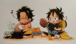 Rule 34 | 2boys, black hair, brothers, chibi, clothes iron, food, graphite (medium), hat, meat, monkey d. luffy, multiple boys, one piece, onexone, portgas d. ace, siblings, sitting, traditional media