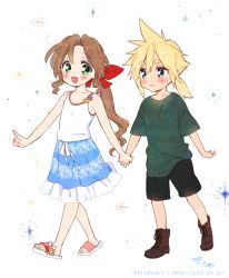 Rule 34 | 1boy, 1girl, aerith gainsborough, aged down, alternate costume, bare arms, black shorts, blonde hair, blue eyes, blue skirt, blush, boots, brown hair, child, cloud strife, fang, final fantasy, final fantasy vii, flat chest, green eyes, green shirt, hair between eyes, hair ribbon, holding hands, krudears, low ponytail, open mouth, parted bangs, pointing, ponytail, red ribbon, ribbon, sandals, shirt, shorts, sidelocks, skirt, smile, spiked hair, t-shirt, thick eyebrows, wavy hair, wavy mouth, white background, white shirt