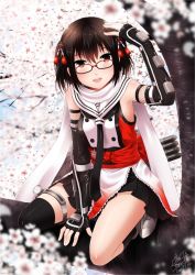 Rule 34 | 10s, 1girl, asymmetrical legwear, bare shoulders, bespectacled, black gloves, black neckerchief, black skirt, black thighhighs, blurry, branch, breasts, brown-framed eyewear, brown eyes, cherry blossoms, depth of field, elbow gloves, fingerless gloves, glasses, gloves, go-it, hair ornament, hand on own head, kantai collection, looking at viewer, neckerchief, obi, pleated skirt, sailor collar, sash, scarf, sendai (kancolle), sendai kai ni (kancolle), short hair, single thighhigh, skirt, small breasts, solo, squatting, thighhighs, two side up, uneven legwear, white scarf