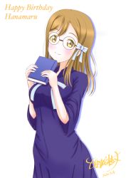 Rule 34 | 1girl, artist name, artist request, bare legs, blue dress, blue skirt, blush, book, bow, breasts, brown hair, collared dress, dress, female focus, glasses, hair bow, holding, holding book, kunikida hanamaru, light brown hair, long hair, looking at viewer, love live!, love live! school idol festival, love live! sunshine!!, medium breasts, nanase tatsuki (aurora illusion), skirt, smile, solo, striped, striped bow, white background, white bow, wings, yellow eyes