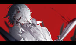Rule 34 | 1boy, absurdres, akudama drive, black choker, blood, blood on face, bloody weapon, choker, cutthroat (akudama drive), hair over one eye, highres, holding, holding knife, knife, letterboxed, long sleeves, male focus, open mouth, pale skin, red background, simple background, upper body, weapon, white hair, zhangyu zi