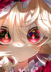 Rule 34 | 1girl, absurdres, album cover, blonde hair, blush, bright pupils, calpis118, close-up, closed mouth, commentary, cover, crazy eyes, diamond-shaped pupils, diamond (shape), english commentary, expressionless, eyelashes, eyes visible through hair, flandre scarlet, floating hair, hair between eyes, hat, highres, light particles, mixed-language commentary, mob cap, red eyes, solo, split mouth, symbol-shaped pupils, touhou, white hat