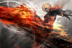 Rule 34 | 1boy, artist name, black suit, blonde hair, cigarette, commentary, curly eyebrows, english commentary, facial hair, fire, formal, goatee, hair over one eye, high kick, kicking, male focus, one eye covered, one piece, open mouth, sanji (one piece), shirt, short hair, smoke, smoking, solo, suit, vinrylgrave, yellow shirt