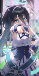Rule 34 | 1girl, aris (blue archive), armpits, black hair, blue archive, blue eyes, breasts, dancing, detached sleeves, hair between eyes, halo, highres, hutosutoro, idol, long hair, long hair between eyes, mischievous straight uniform (blue archive), music, open mouth, pleated skirt, pointing, pointing at viewer, ribbon, ringed eyes, sailor collar, side ponytail, singing, skirt, small breasts, solo, stage, very long hair