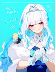 Rule 34 | 1girl, :d, absurdres, bibisuka, blue background, blue dress, blue hair, blue ribbon, blunt bangs, character name, cloak, dress, earrings, fur-trimmed cloak, fur trim, gloves, hair intakes, hands on own chest, happy birthday, highres, jewelry, light blush, lize helesta, long hair, looking at viewer, multicolored hair, nijisanji, open mouth, purple eyes, ribbon, sebastian piyodore, smile, solo, straight-on, streaked hair, tiara, upper body, white cloak, white gloves, white hair