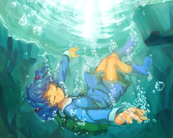 Rule 34 | 1girl, backpack, bag, blue hair, boots, bubble, closed eyes, hair bobbles, hair ornament, kaatoso, kawashiro nitori, key, no headwear, open mouth, outstretched arms, rock, rubber boots, seaweed, shirt, short hair, sinking, skirt, skirt set, solo, sunlight, touhou, underwater